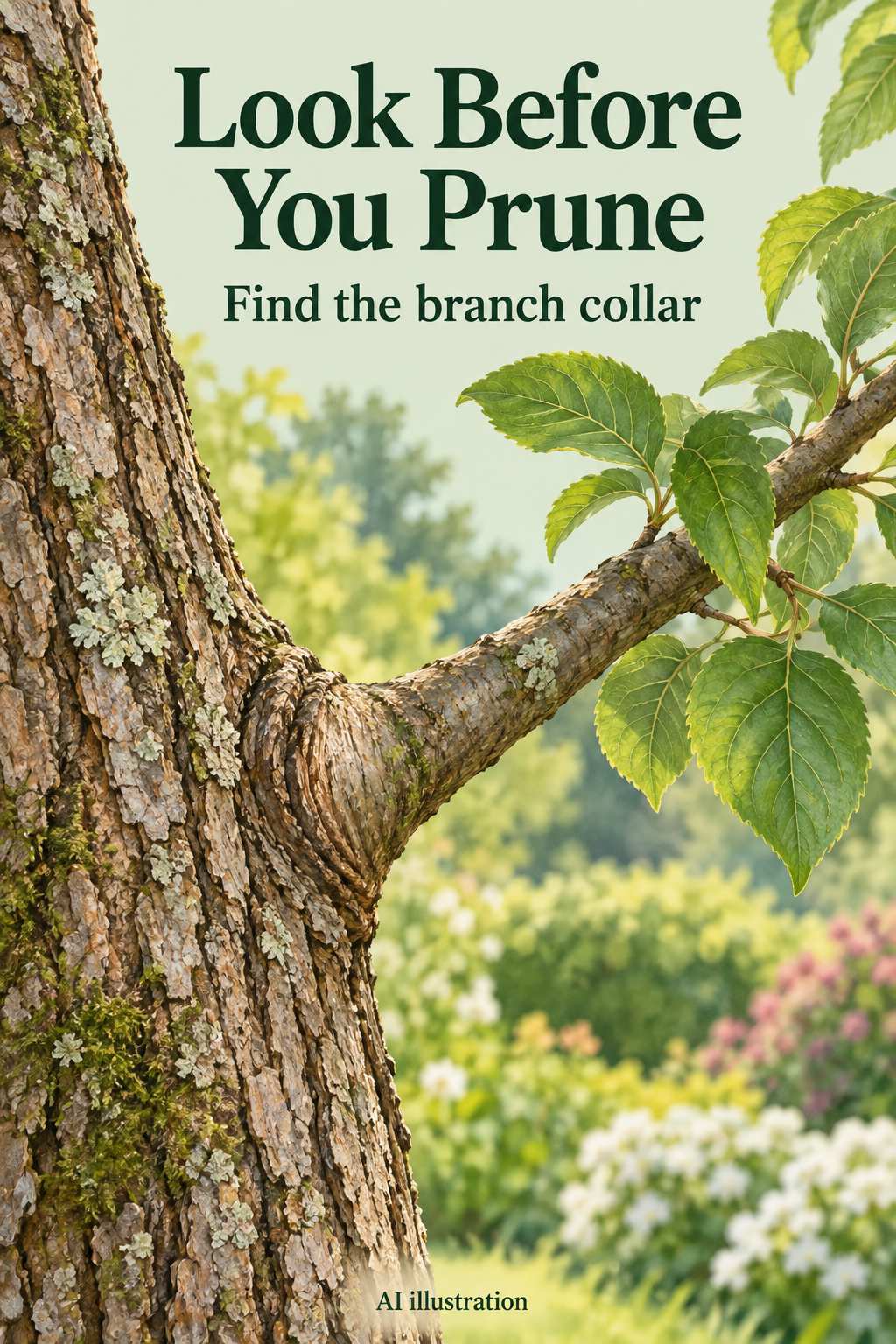 AI illustration of an intact branch joining a tree trunk, for a branch-collar inspection and pruning-planning checklist.