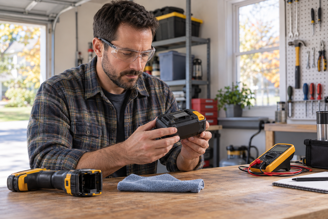 AI illustration of a cordless 20V lithium-ion battery being inspected safely on a garage workbench