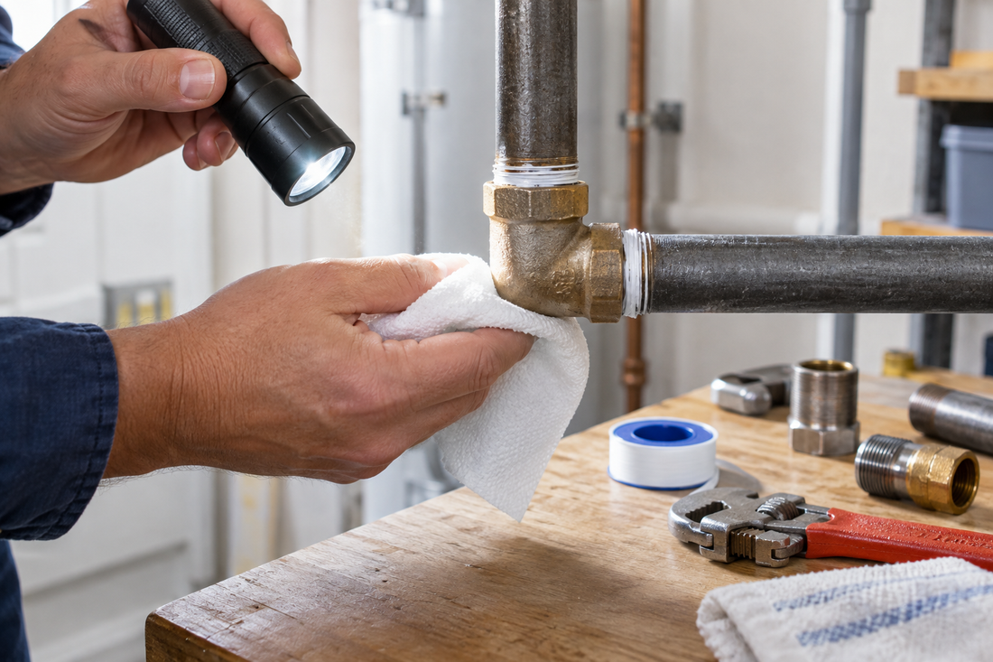 AI illustrative scene of a threaded pipe joint being checked with a dry towel and flashlight