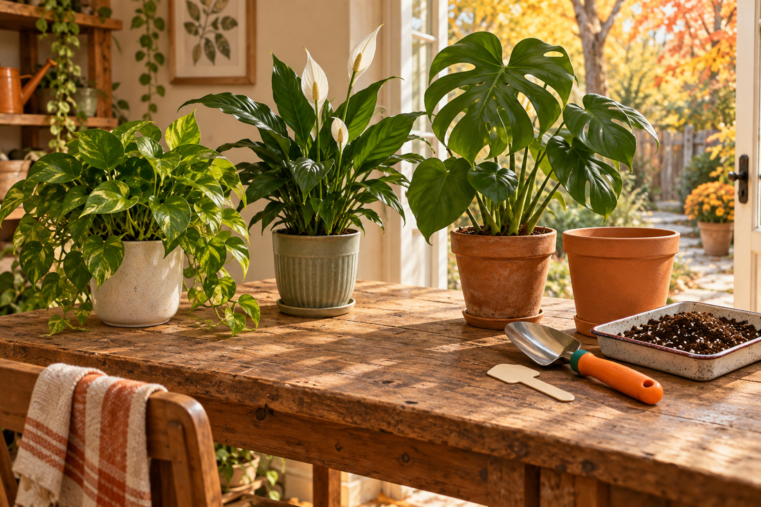 AI illustration of three houseplants being assessed on an autumn potting table, with an empty pot and hand trowel nearby