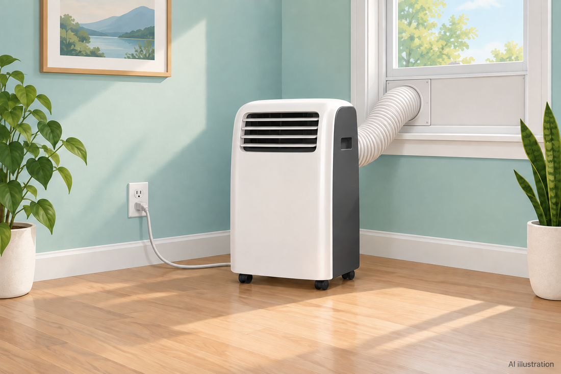 AI illustration of a portable air conditioner near a window and a directly reachable grounded wall outlet