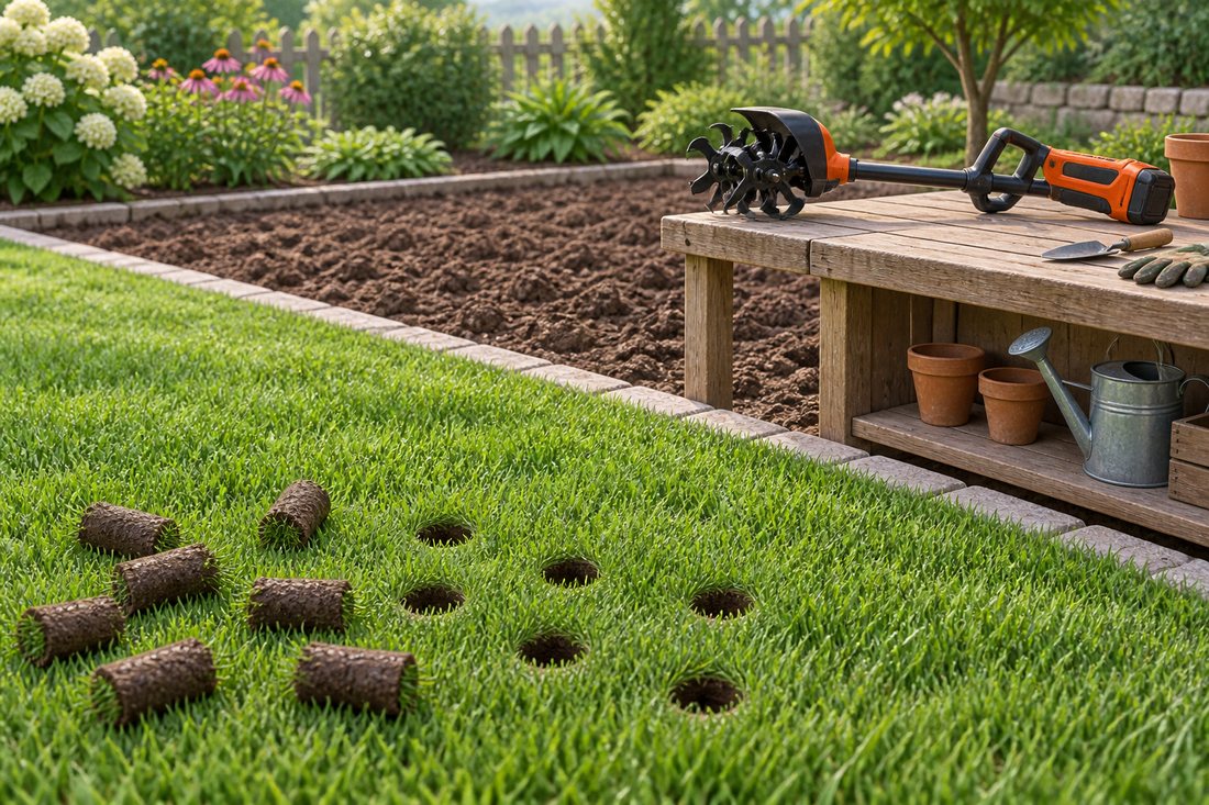 AI illustration of lawn core-aeration plugs beside a separate garden bed and inactive cultivator