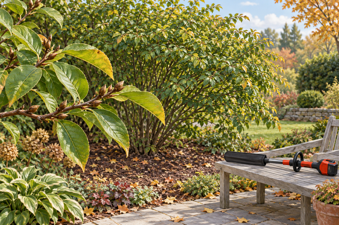 AI conceptual illustration of intact shrub buds with an inactive covered pole trimmer nearby