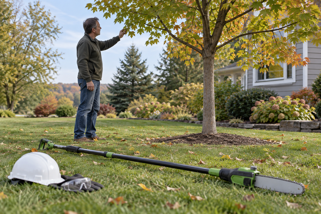 AI illustrative fall yard scene showing a cordless pole saw resting safely while a low branch is assessed