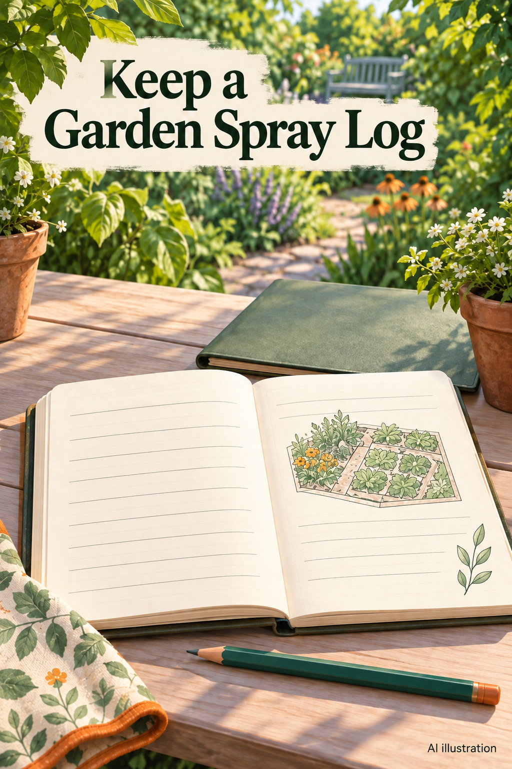 AI illustration of a garden spray record notebook with the words Keep a Garden Spray Log.