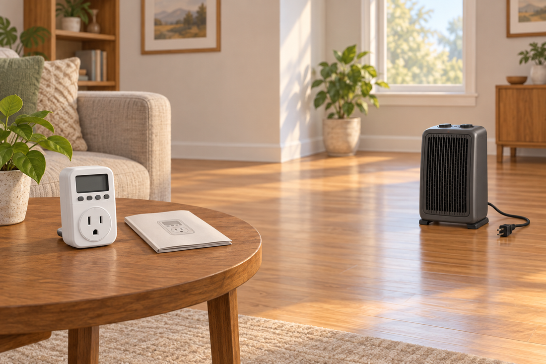 AI-generated illustration of a disconnected plug-in timer on a table, separate from an unplugged space heater