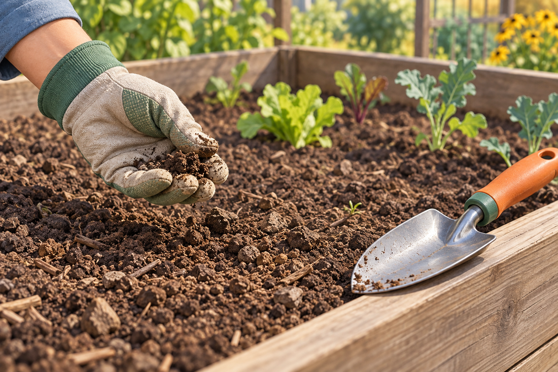 AI-generated illustration of a gloved hand checking garden soil beside a hand trowel; not a product test photograph