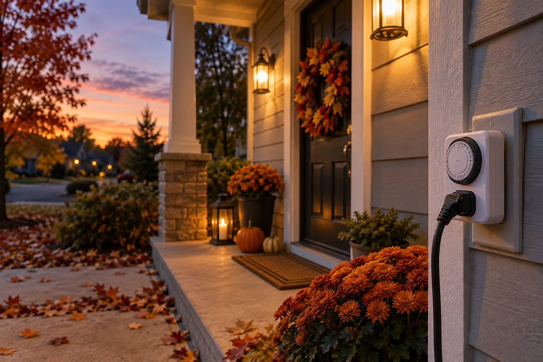 AI illustrative scene of a plug-in timer controlling warm porch lights on an autumn evening