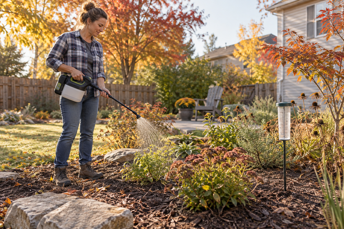 AI-generated illustration of targeted watering in a dry September garden; not an official product photo or water-use test