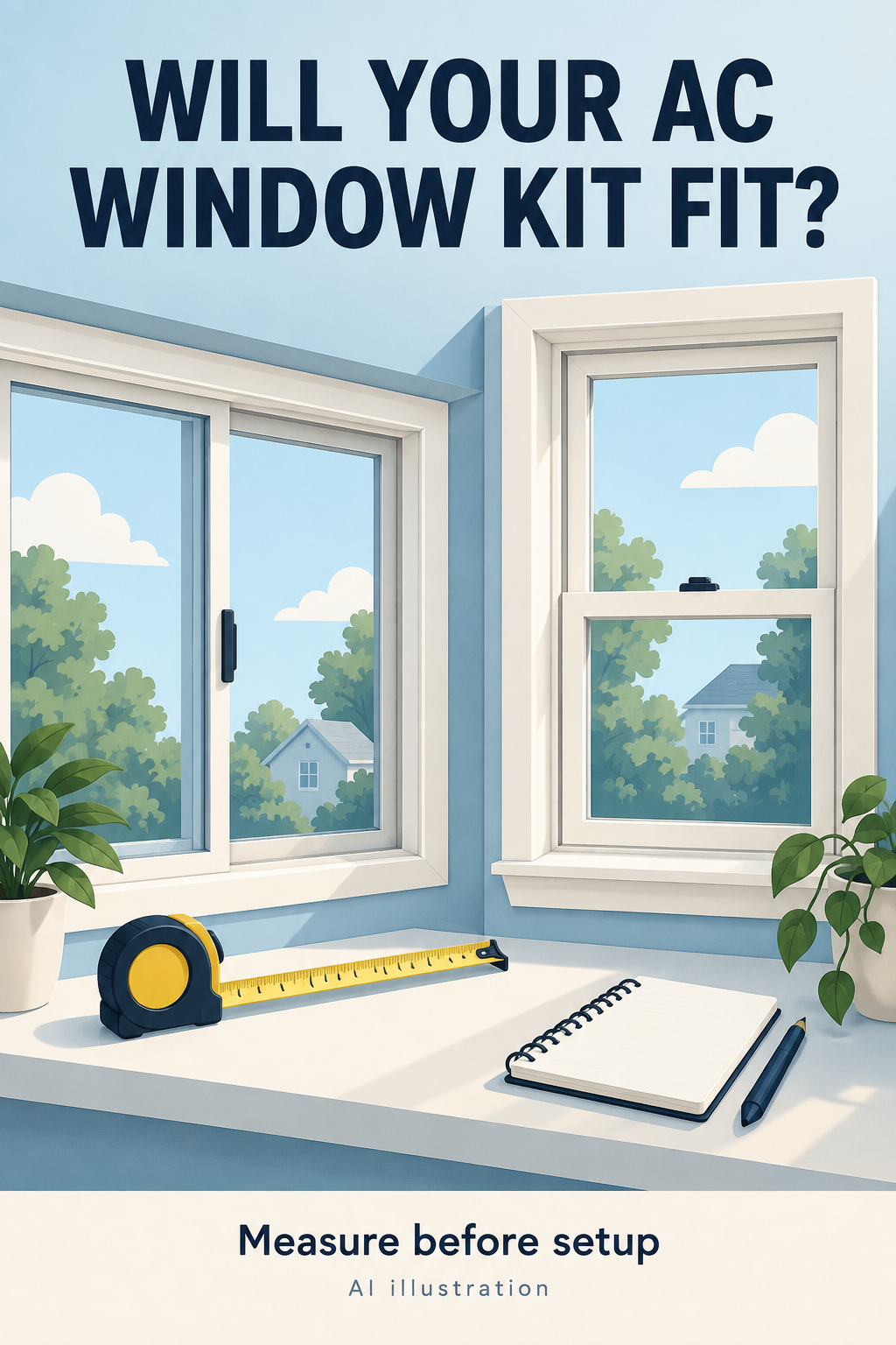 AI illustration of sliding and sash windows with a tape measure and notebook: Will Your AC Window Kit Fit?