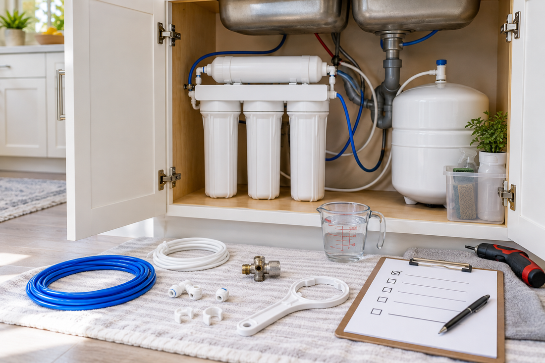 AI illustrative image of an under-sink reverse-osmosis installation checklist; not a product photograph