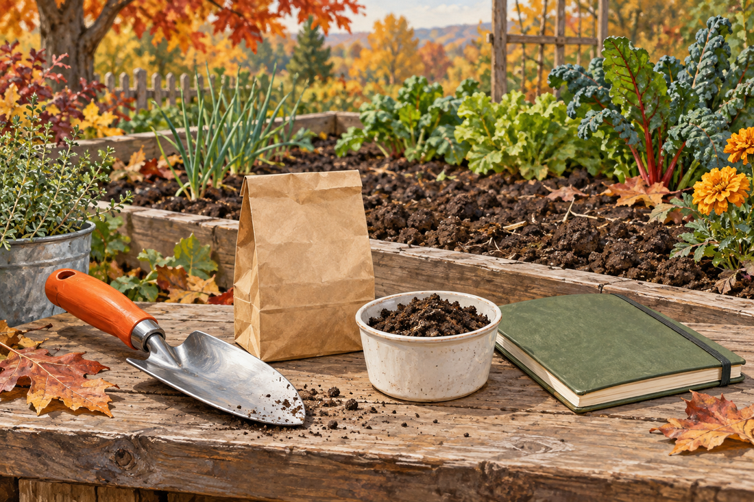 AI illustration of a trowel, sample container and notebook beside a fall garden; not an actual soil test or official product photograph.