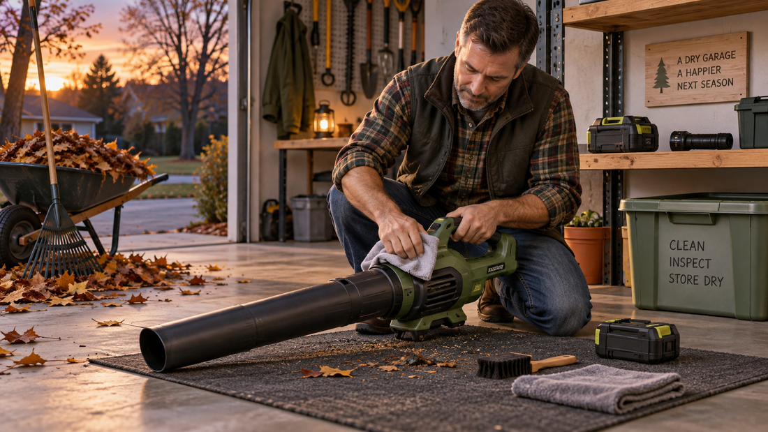 AI illustration of a cordless leaf blower and detached battery being stored in a garage