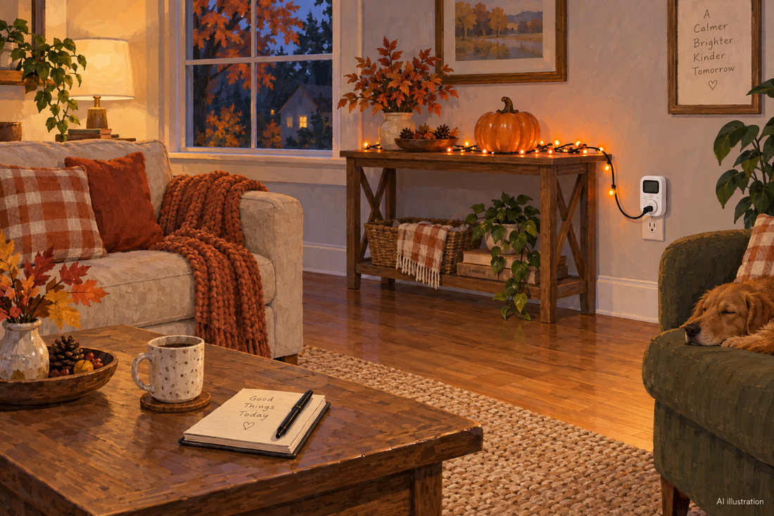 AI illustration of ordinary autumn indoor decorative lighting with a generic plug-in timer; not an outage test.