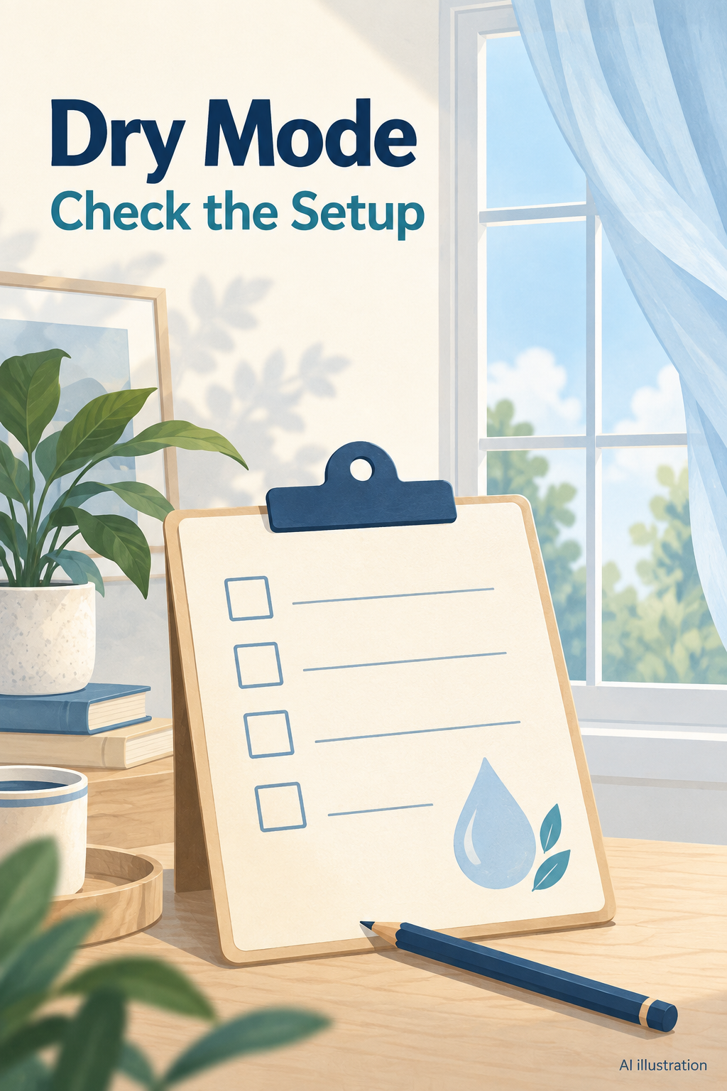 AI illustration of a quiet room and a planning checklist for portable AC Dry mode; no product or hose installation details shown