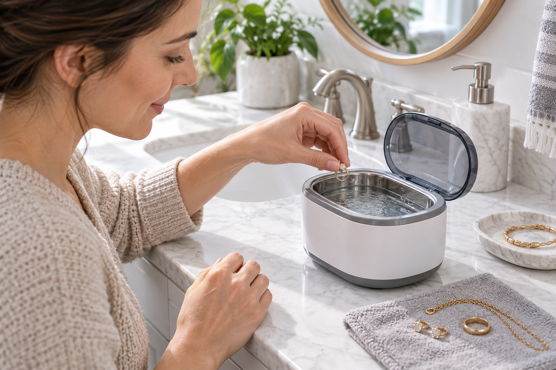 AI illustration of a homeowner cleaning jewelry in an ultrasonic cleaner