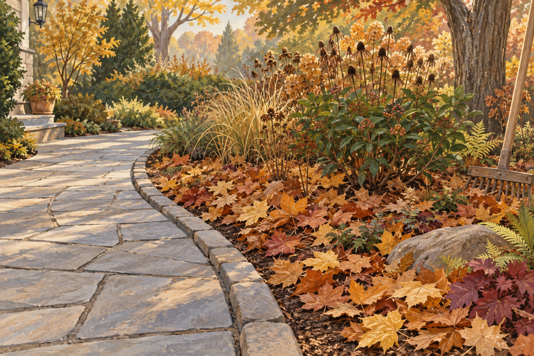 AI illustration of a clear curved stone walkway beside an autumn garden bed with intact fallen leaves and standing seed heads