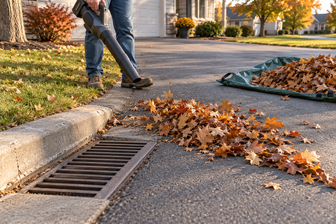 AI illustration of dry fall leaves being collected away from a curbside storm drain