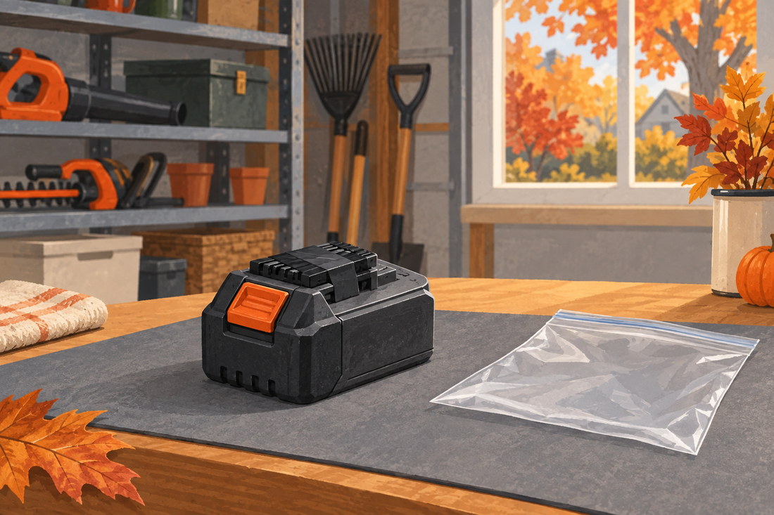 AI illustration of an intact tool battery with insulated terminals awaiting individual bagging during autumn garage cleanup
