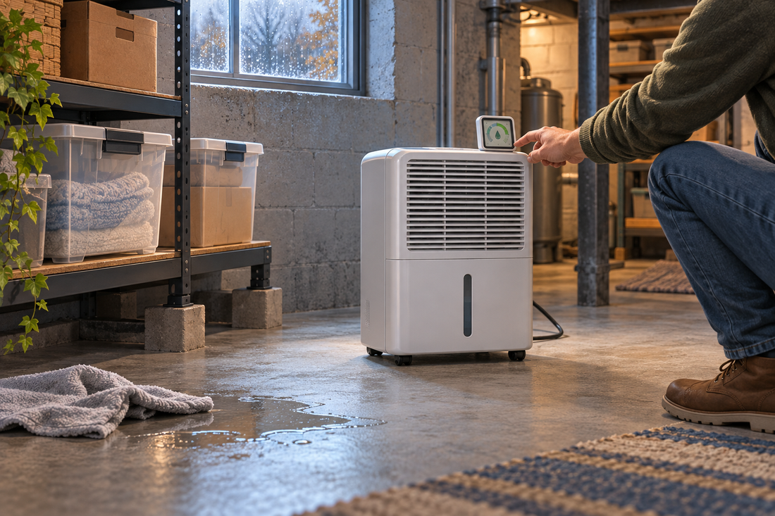 AI illustrative concept of a homeowner checking a dehumidifier and hygrometer in a wet basement