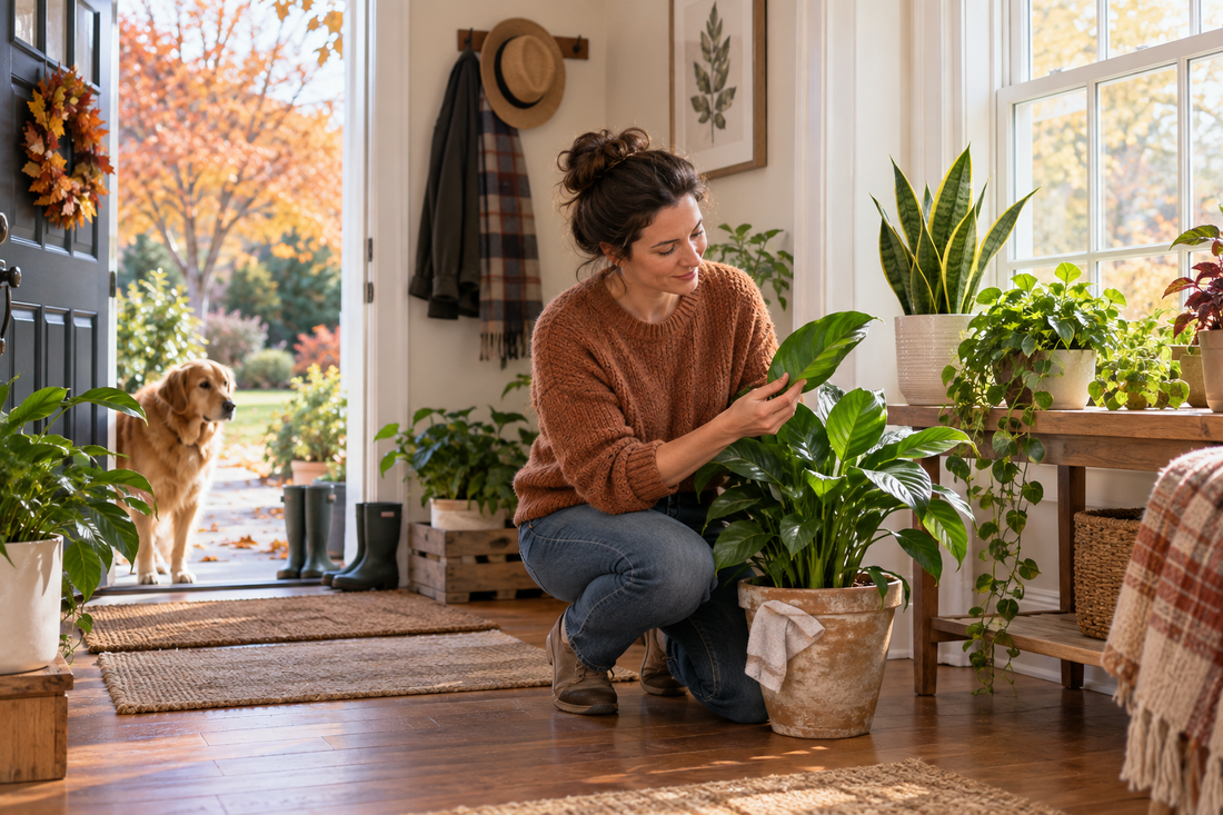 AI illustrative scene of inspecting outdoor houseplants before bringing them indoors for fall