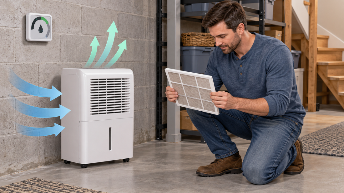 AI-generated illustrative scene of a dehumidifier and humidity check in a basement
