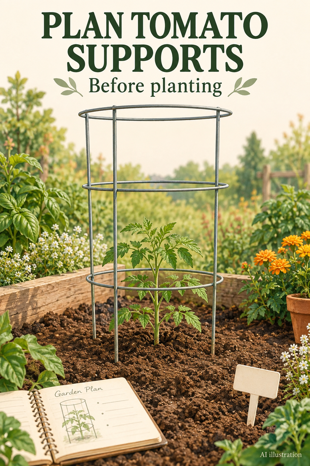 AI illustration of a young tomato plant inside a garden support cage, with the words Plan Tomato Supports Before planting