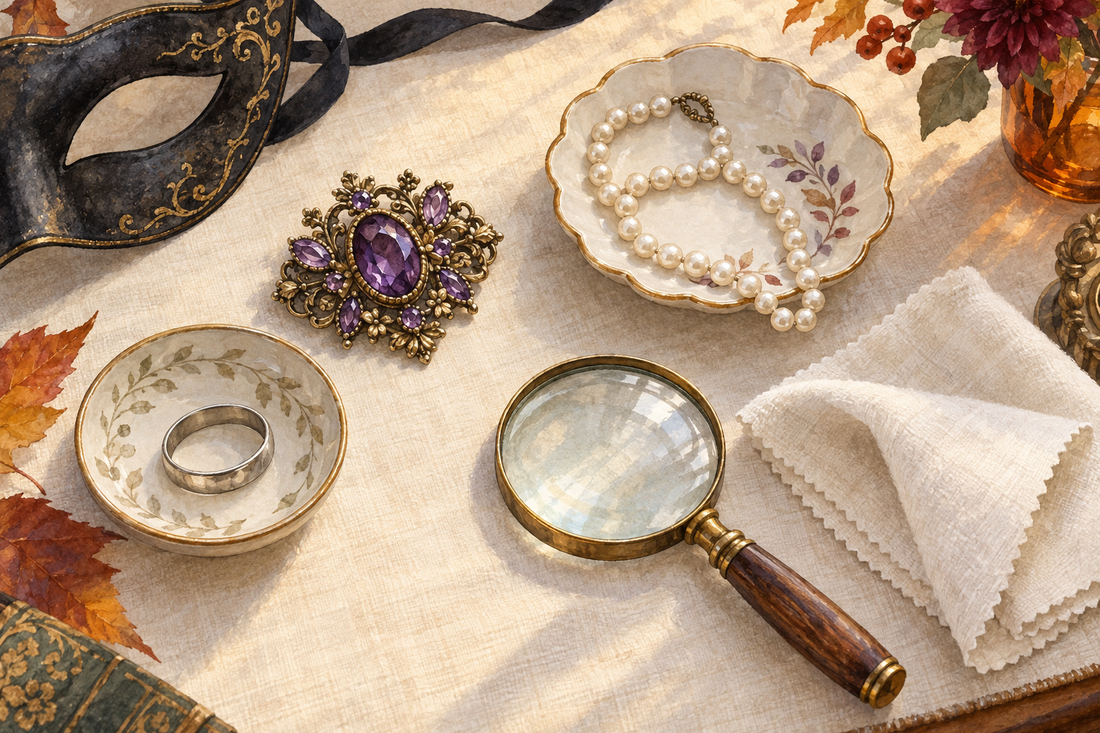 AI illustration of costume jewelry, pearl-like beads and a cloth laid out separately for a care-instruction check.