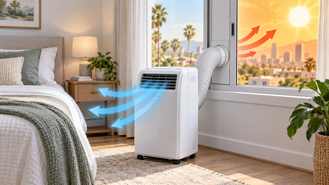 AI illustration of a portable air conditioner vented through a sliding window; not an official product photo or cooling test