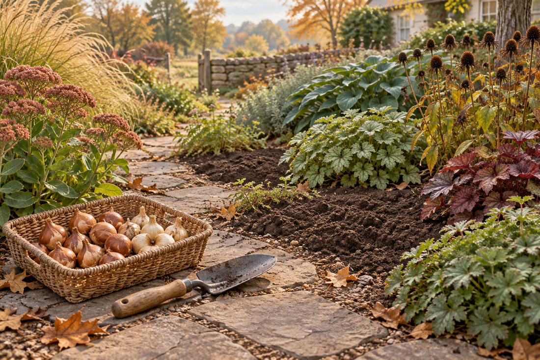 AI-generated illustration of dormant bulbs and a hand trowel beside an established autumn perennial bed.