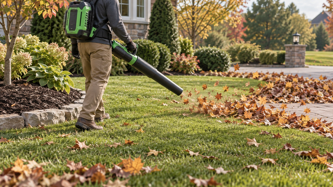 AI-generated illustration of controlled leaf blowing across a fall lawn