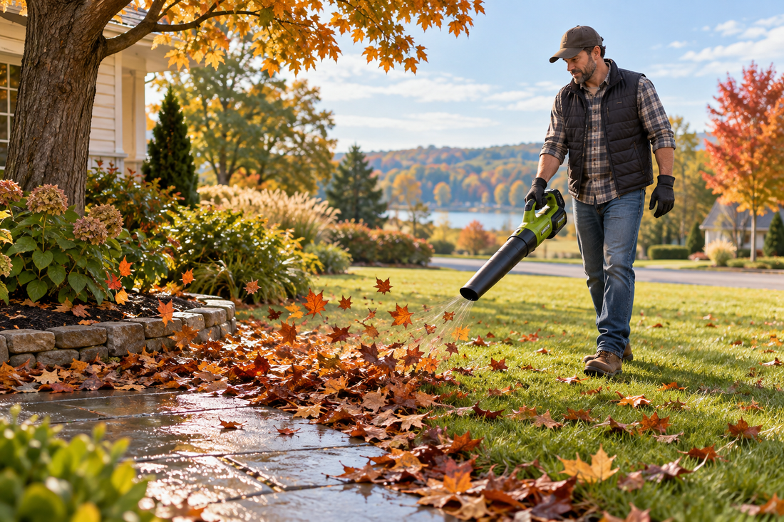 AI illustrative scene of clearing wet fall leaves from a lawn with a cordless blower