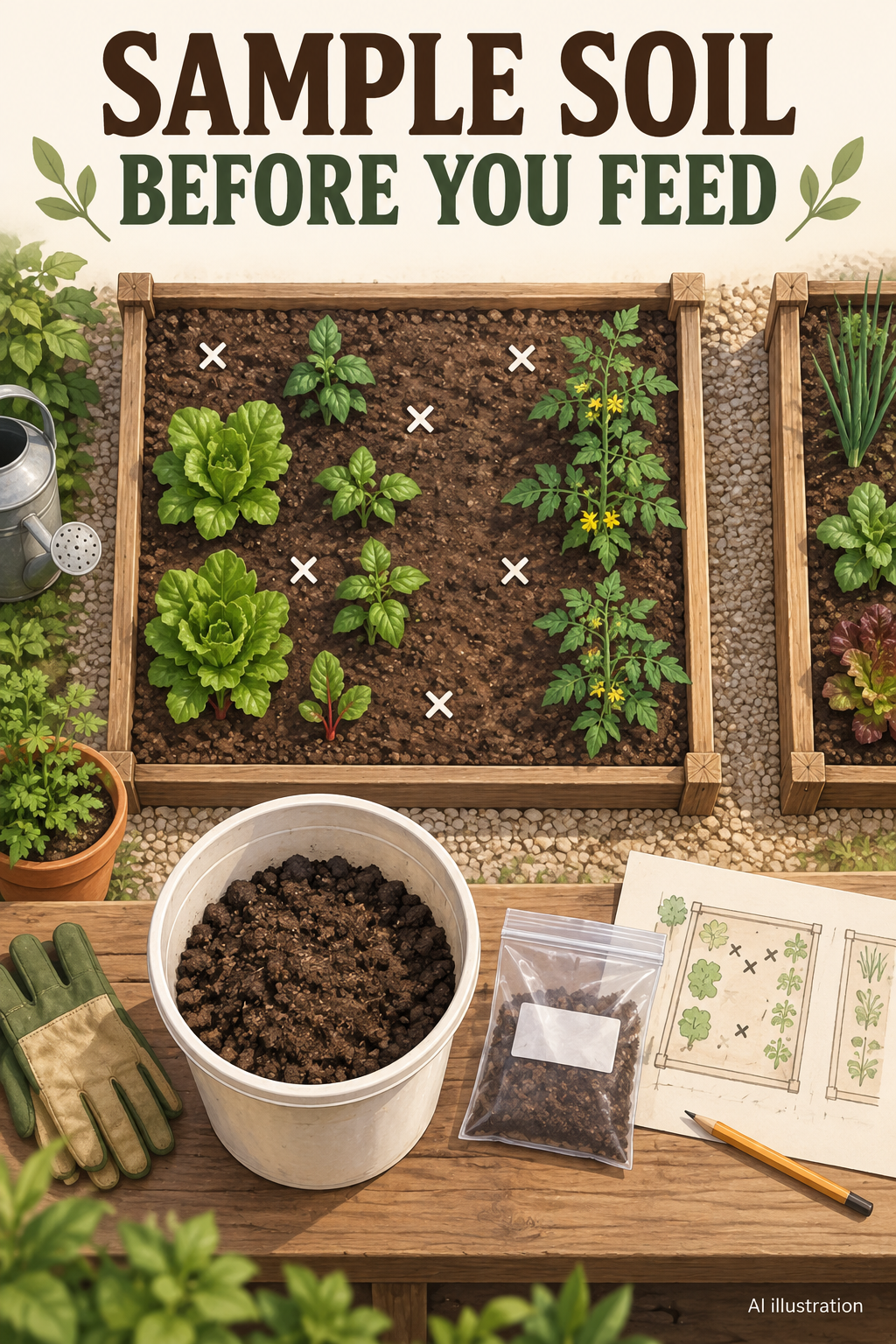 AI illustration of separate garden sampling areas, a bucket of mixed soil, and a labeled sample bag.
