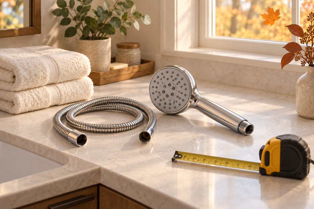 AI illustration of a generic chrome handheld showerhead, hose, towels and tape measure on a dry countertop
