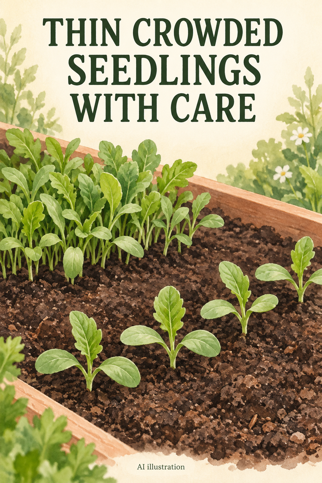 AI illustration of crowded young vegetable seedlings beside individually spaced seedlings, with the words Thin Crowded Seedlings With Care.