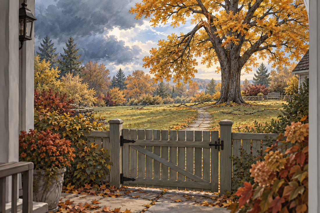 AI illustration of a closed garden gate viewed from a porch with a storm-damaged autumn tree beyond