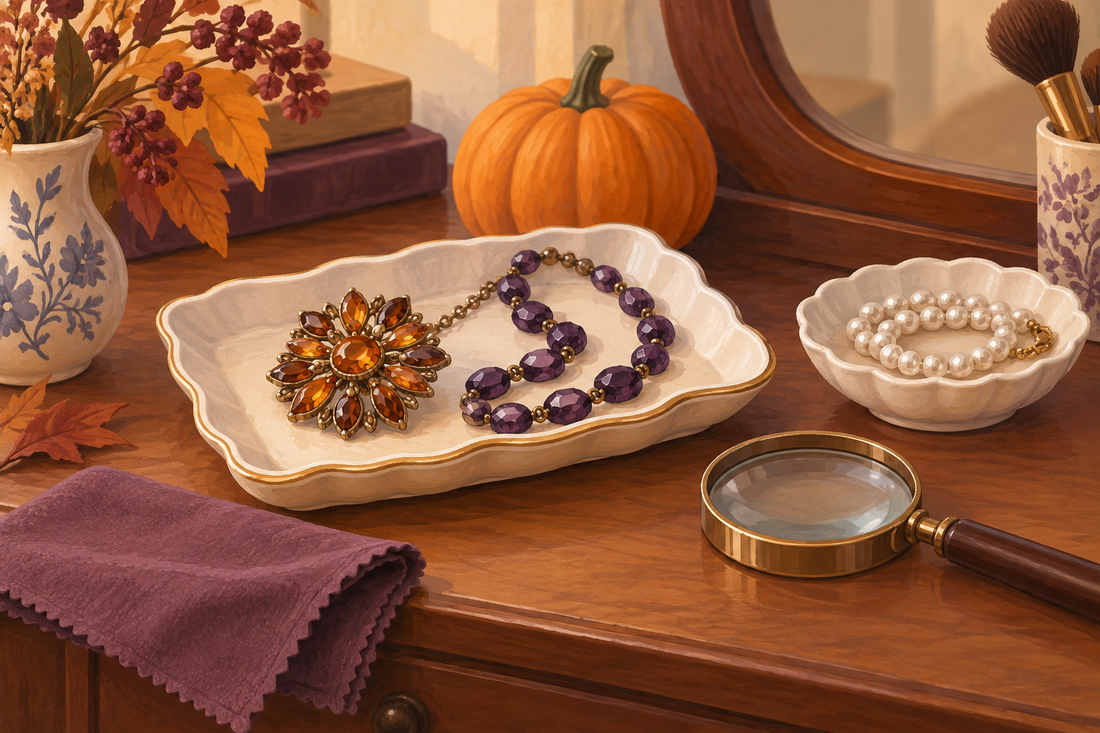 AI-generated illustration of dry costume jewelry, pearls in a separate dish, and an inspection cloth on an autumn dressing table.