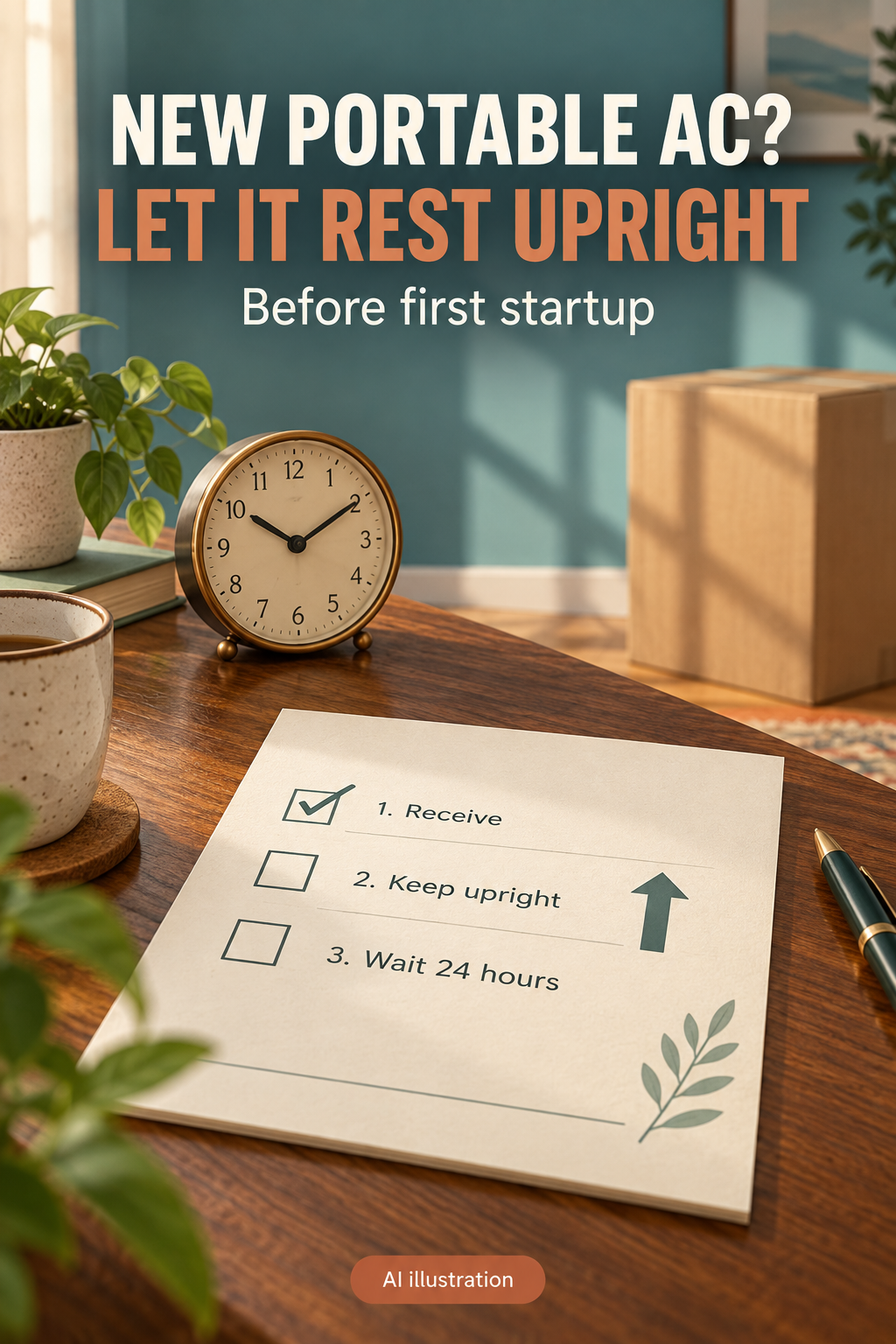 AI illustration of a new-delivery planning checklist and clock, with the words New Portable AC? Let It Rest Upright.