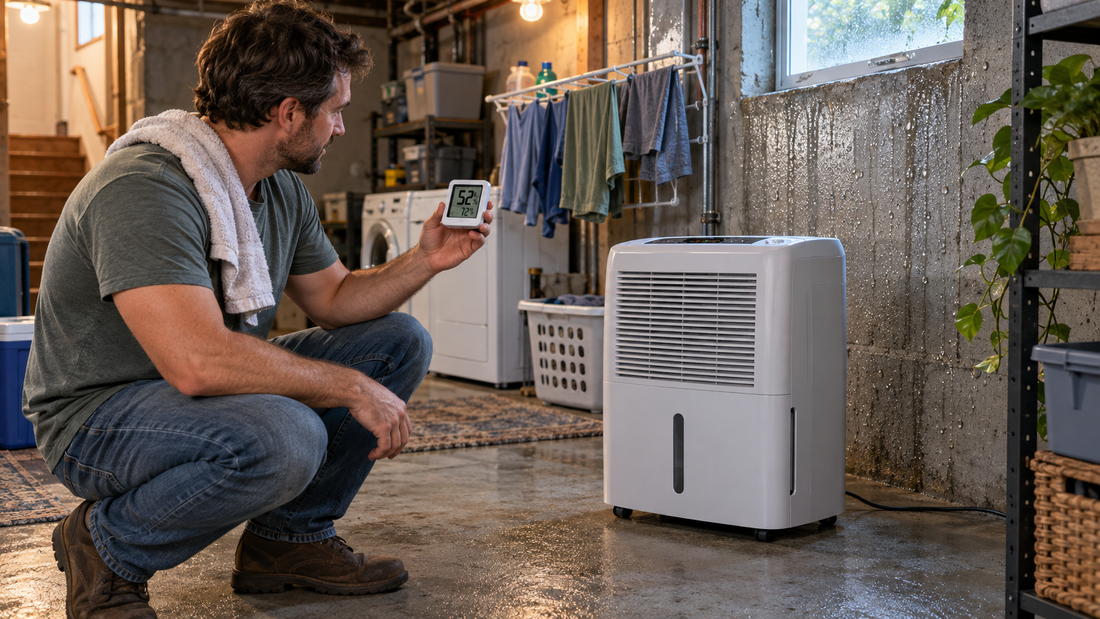 AI-generated illustration of a dehumidifier and hygrometer in a humid basement