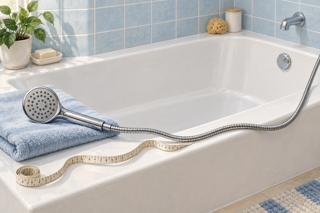 AI illustration of a chrome handheld shower on a towel beside a flexible measuring tape along a dry bathtub edge