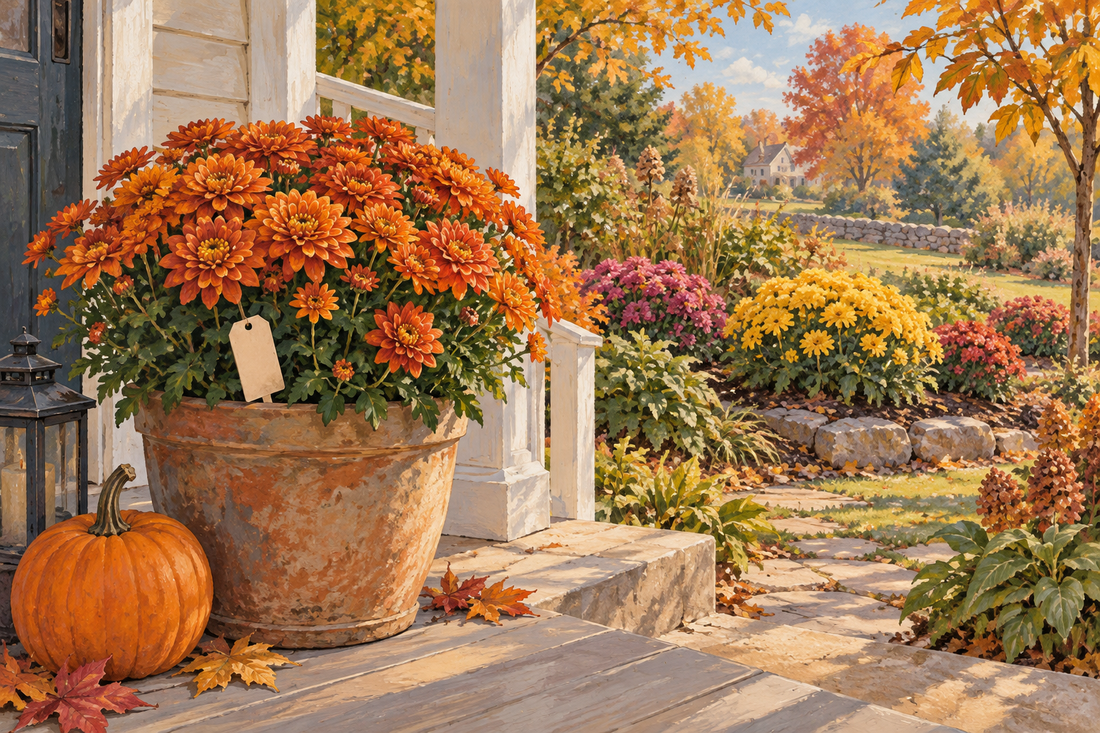 AI illustration of a potted orange porch mum beside an autumn garden; not evidence of winter survival.
