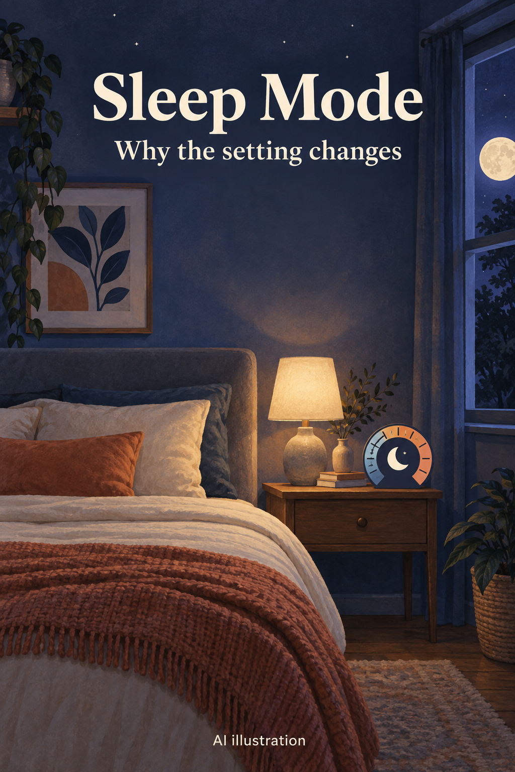 AI illustration of a moonlit bedroom with Sleep Mode and Why the setting changes text; conceptual setting, not a product photo.