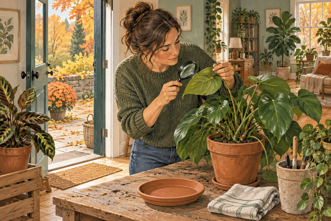 AI illustration of a houseplant leaf inspection near a doorway before the autumn move indoors.