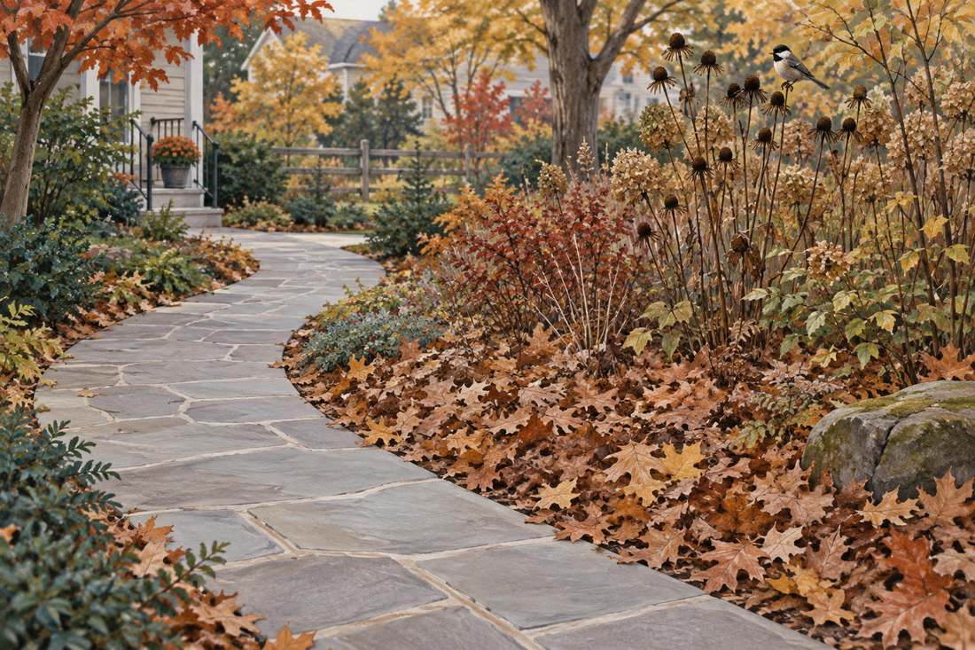 AI illustration of a clear autumn path beside leaf-covered planting beds