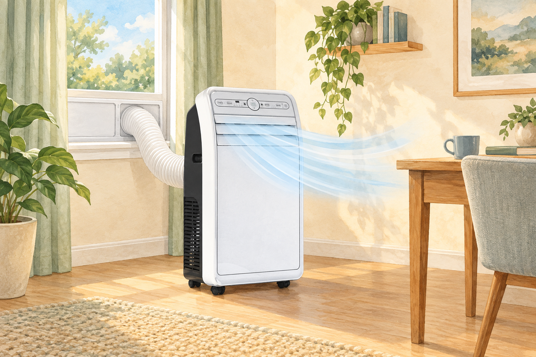 AI-generated illustration of a white portable air conditioner with an exhaust hose connected to a window panel in a home office.