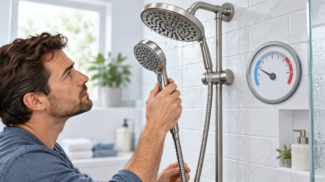 AI illustration of a homeowner inspecting a two-in-one shower head after a pressure change; not an official product photo or test