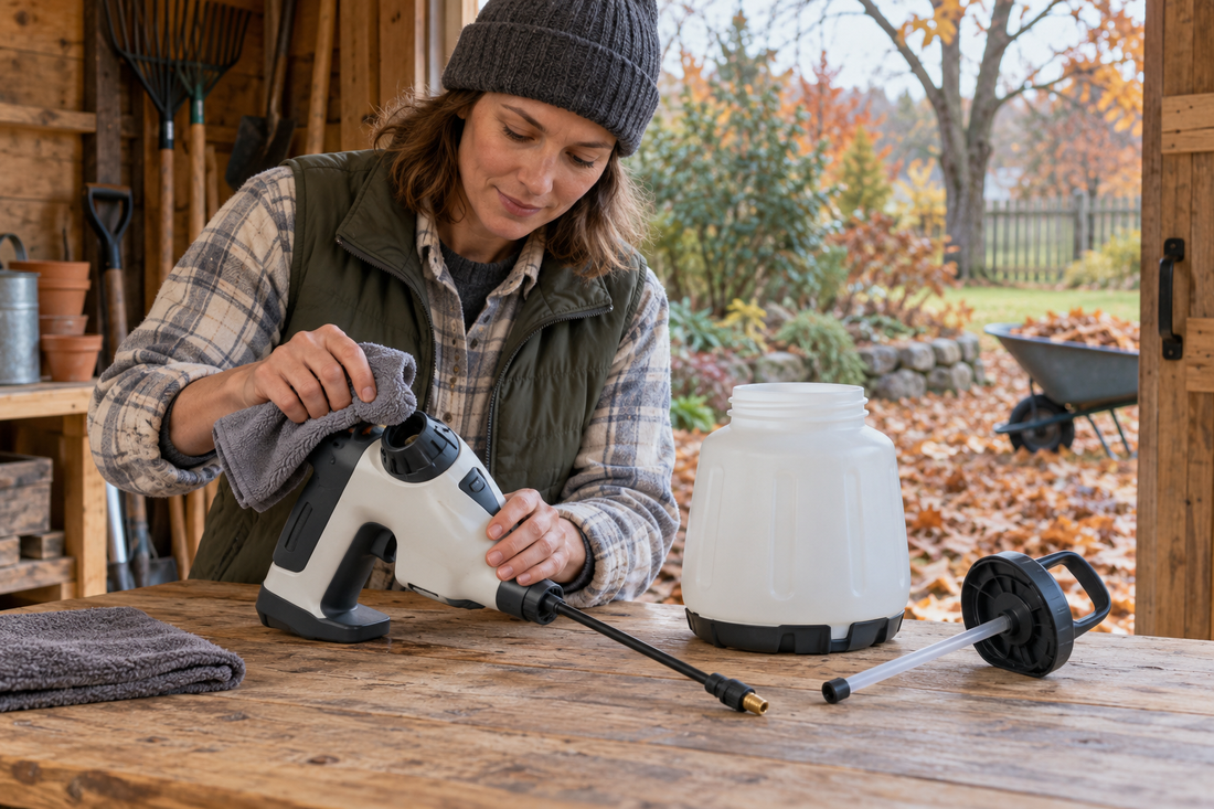 AI-generated illustration of a homeowner preparing a generic garden sprayer for winter storage; not a product photo.