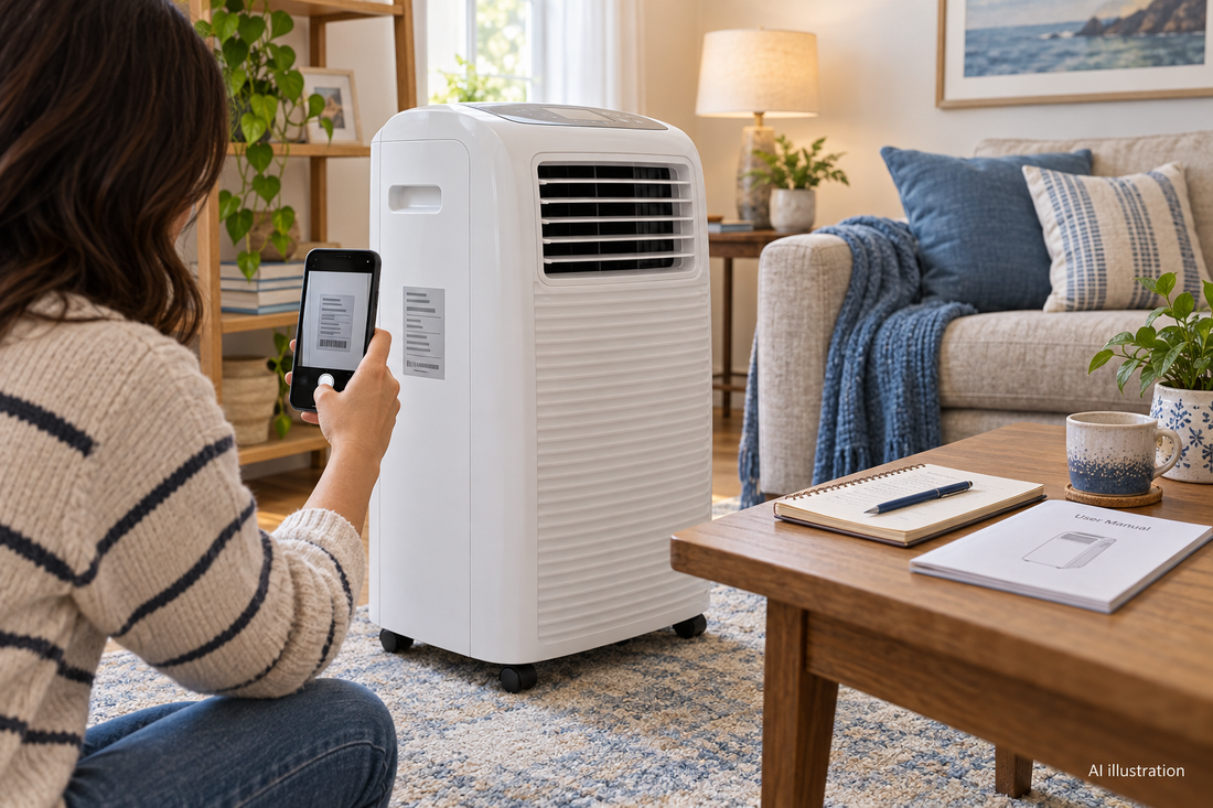 AI illustration of a person photographing a generic portable air conditioner's identification label; no recalled product is depicted