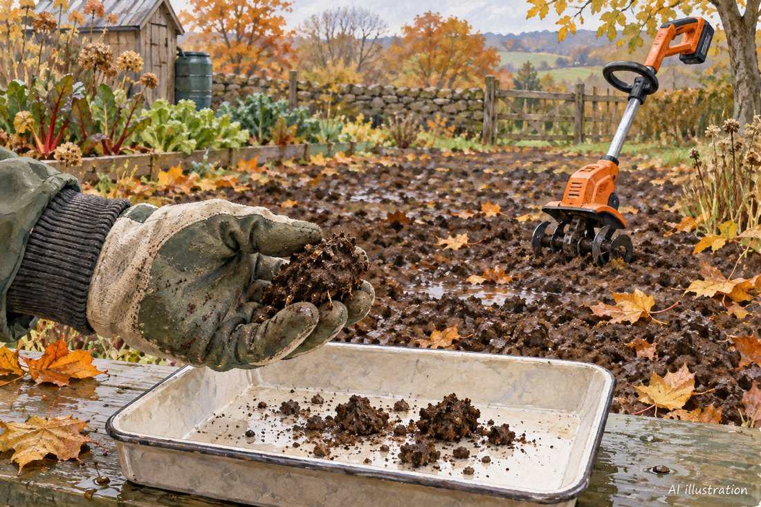 AI illustration of a gloved hand checking autumn garden soil with an inactive cultivator in the background.