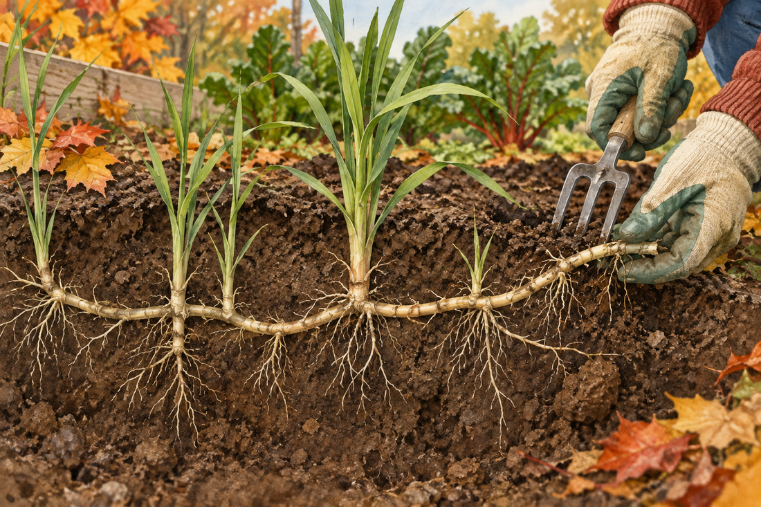 AI conceptual illustration of connected grass rhizomes being inspected at the edge of an autumn garden bed.